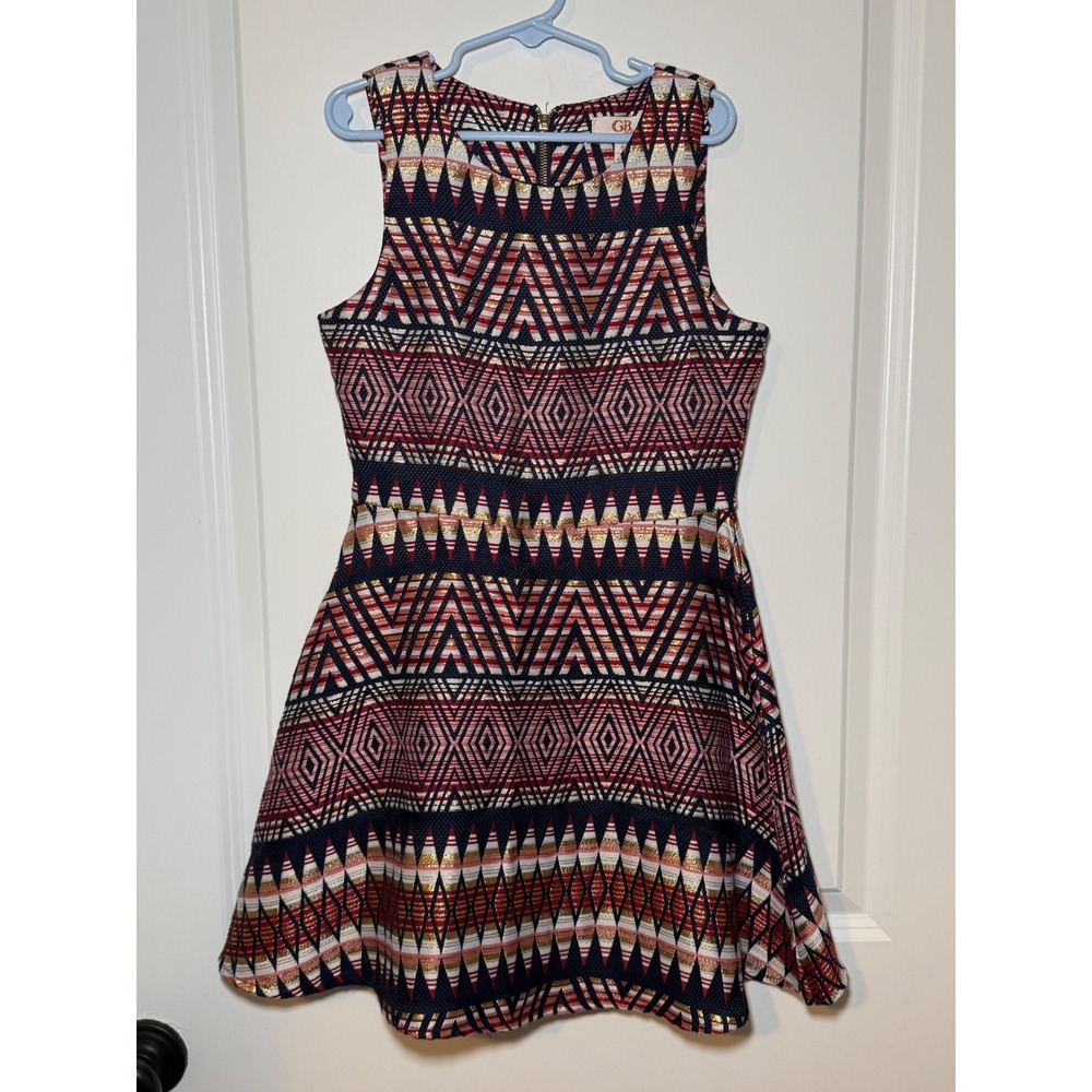 GB Girls Navy Red Gold Metallic Geometric Jacquard Fit Flare Dress Size 8